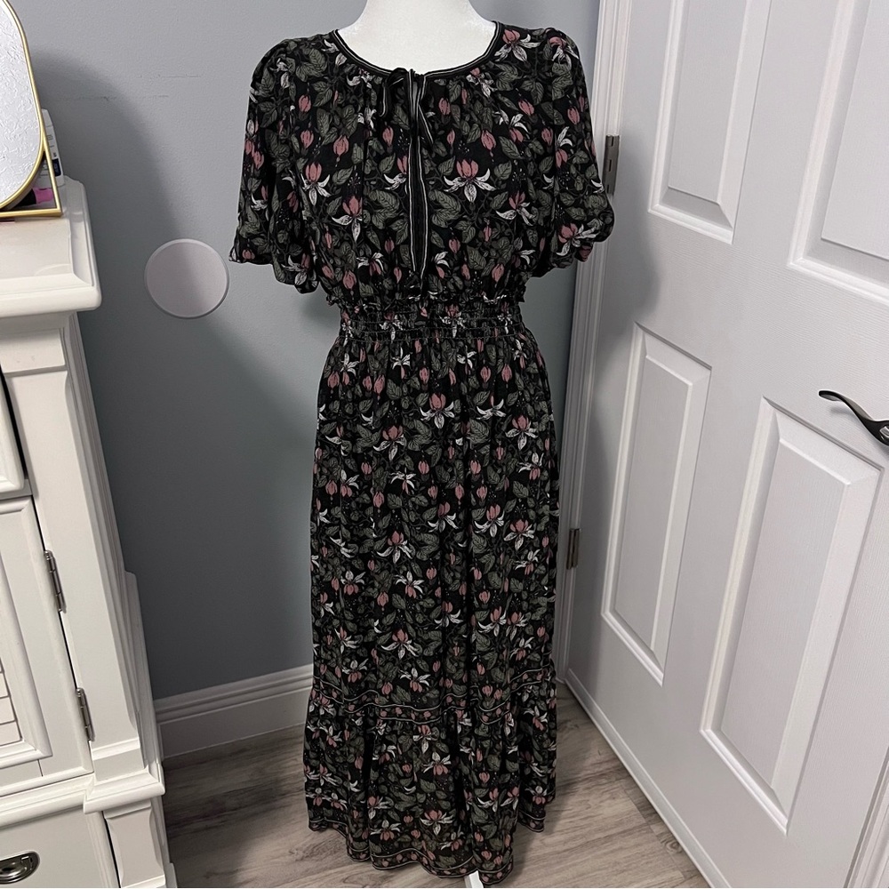 Max Studio Black and Pink Floral Long Sleeve Dress